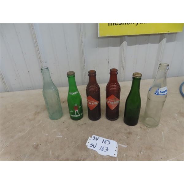 6 Pop Bottles ;3 Drewery, 2 Beehive Orange Crush, + Snow White