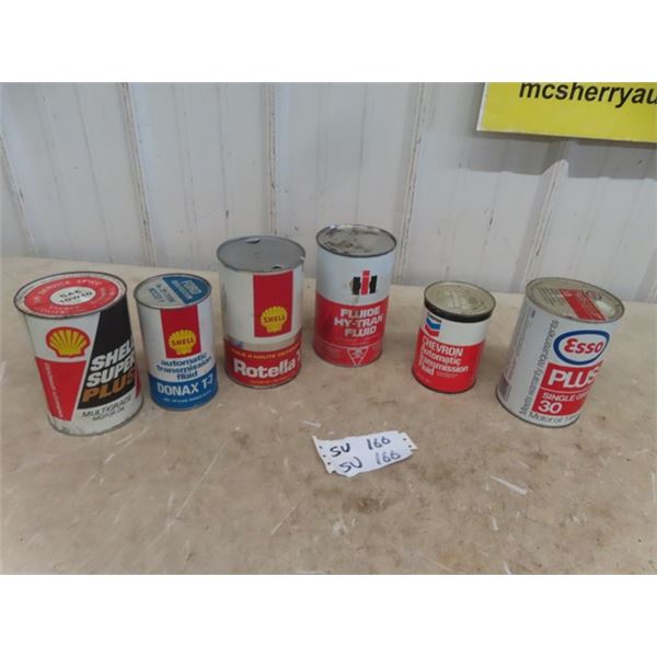 6 Oil Quart Cans; Shell, International, Esso, Chevron