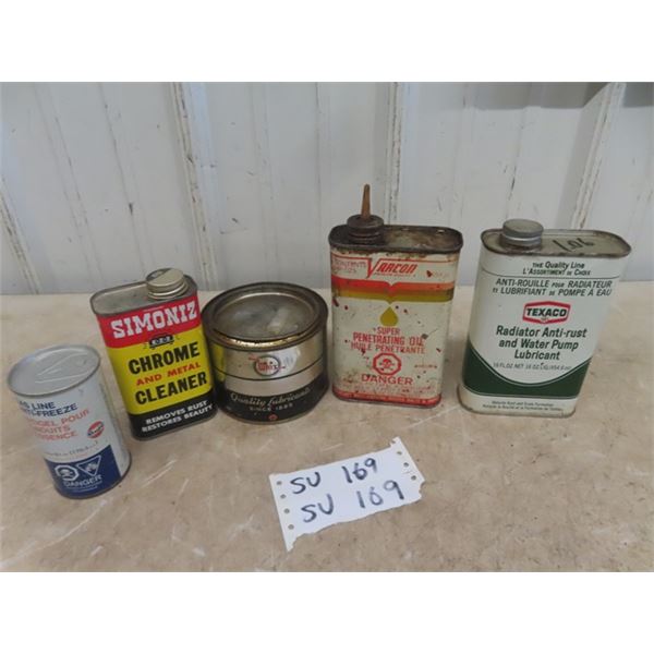 5 Garage Tins; Texaco Radiator Anti Rust, Varcon Penetrating Oil, Whiz Lubricant, Simoniz Chrome Cle