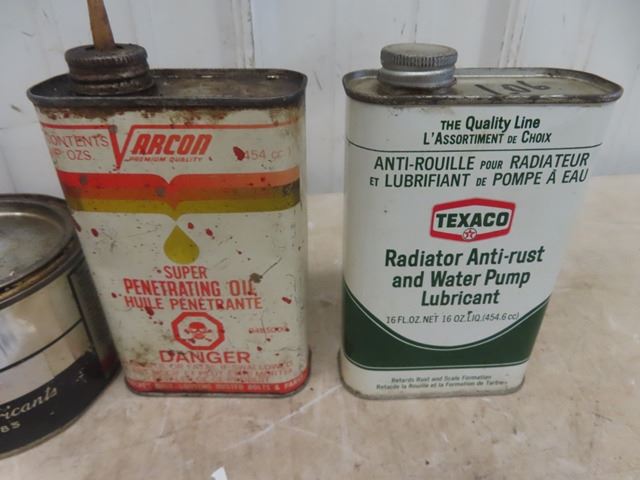 5 Garage Tins; Texaco Radiator Anti Rust, Varcon Penetrating Oil, Whiz ...
