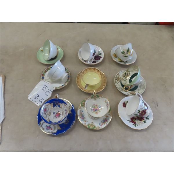 9 China Cup + Saucer Pairs ; Royal Vale, Shafford Royal Albert, Windsor, Occupied Japan, Ansley