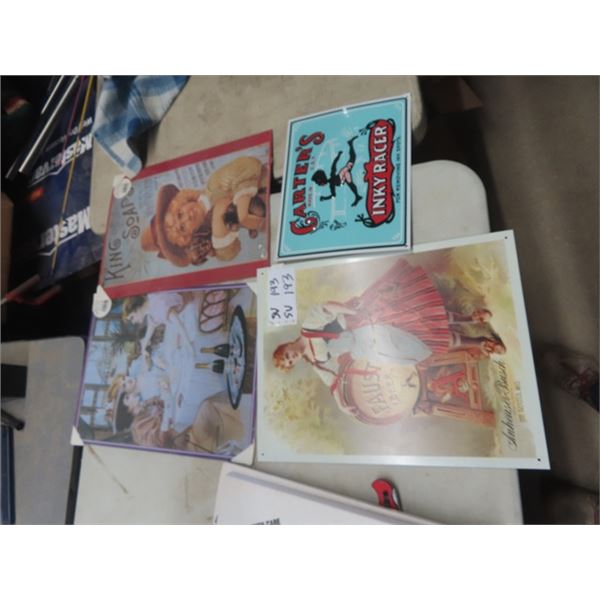 4 Metal Modern Signs; Faust Beer, Diamond Wine, King Soap, Inky Racer