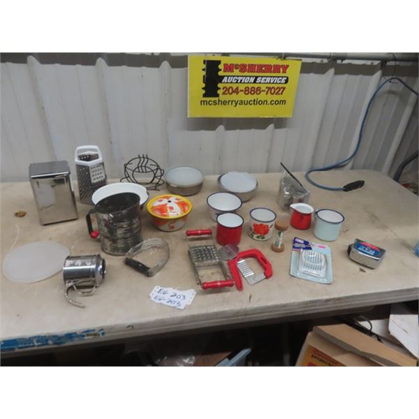 Enamelware, Kitchen Items; Slicer, Sifter, Shredder, Salt + Pepper Shakers plus  more