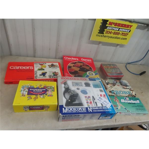 Boards Games; Checkers, Balderdash Jr.,... Microscope Set