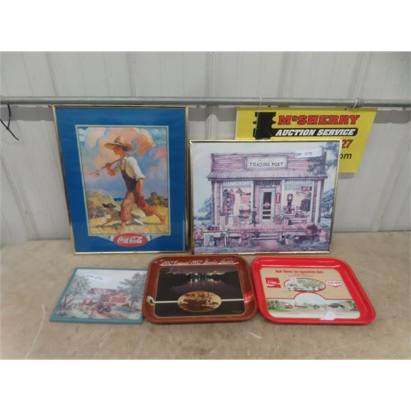 3 Coca-Cola Pictures & 2 Trays - Biggest 16"x20"