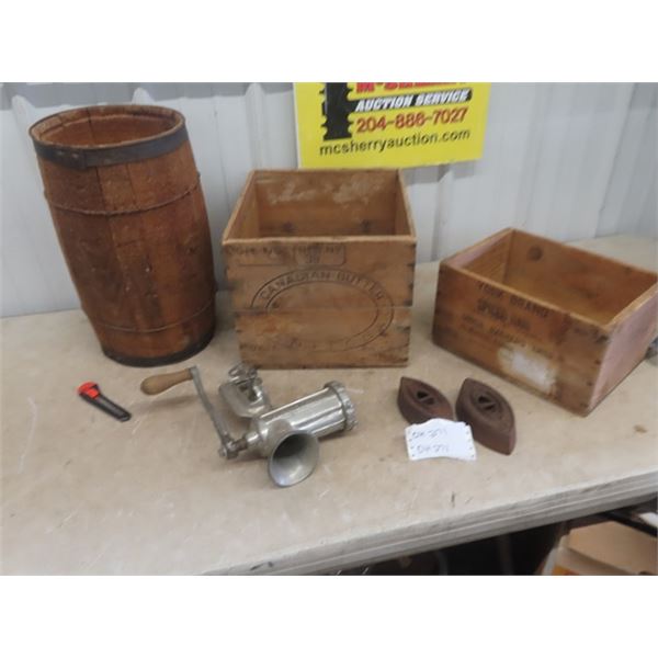 Nail Keg, 2 Wooden Crates, Meat Grinders, Sad Irons