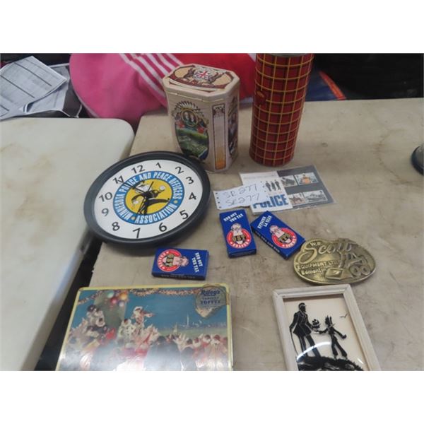 Tins, Thermos, Clock, Belt Buckle, Stamps plus more