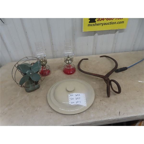 2 Coal Oil Lamps, 5 Gal Crock Lid, Vintage Fan, Ice Tongs