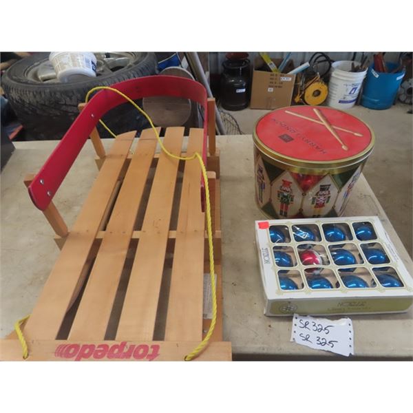 Childrens' Wooden Sled, Christmas Tin & Christmas Decorations