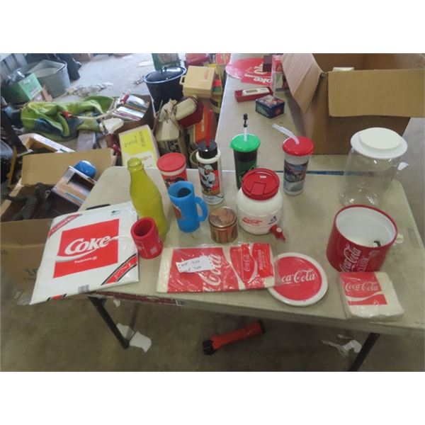 Coca-Cola Cooler, Drink Cups, Table Cloth, Paper Plates + Napkins & Insulated Bag