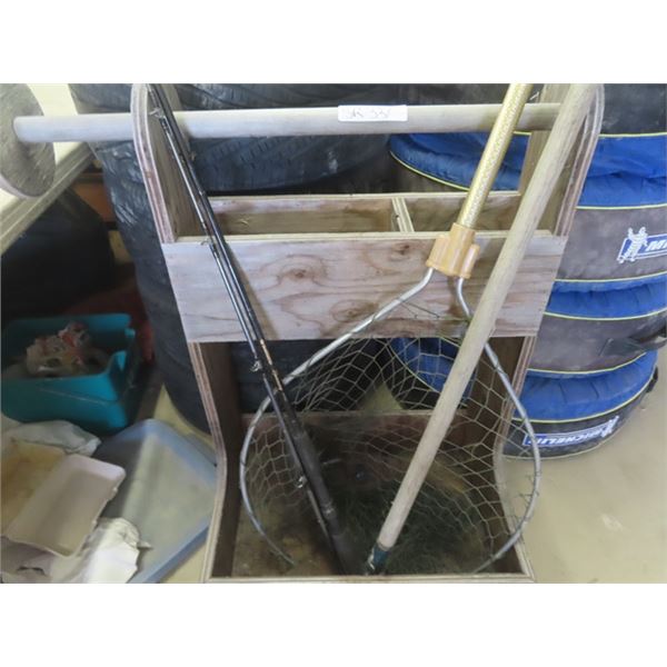 2 Fishing Rods, Fishing Net, Garden Hoe, Wooden Yard Shed Organizer