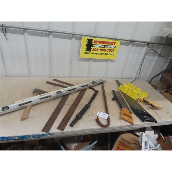 Saws, Hand Mitre Saw, Nail Puller, Level, Axe, Wrecking Bar