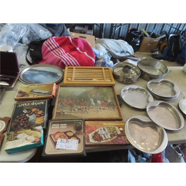 Vintage Trays, Cutting Boards, Knives, Corn Holders, Serving Dishes, Metal Baking Pans