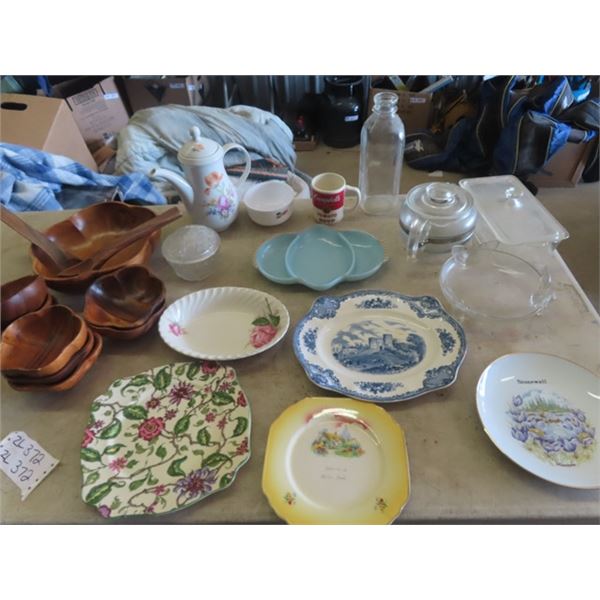 Vintage Kitchen Items ; Wooden Salad Bowl, Glass Bakeware, Milk Bottle, Collectors Plate, Royal Staf
