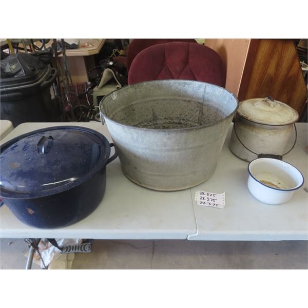 Galvanized Tub & 3 Enamel Pots