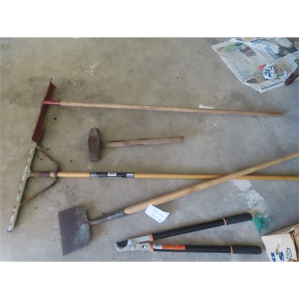 5 Yard Tools; Hedge Clippers, Rake, Sledge Hammer, Squeegee, Edger
