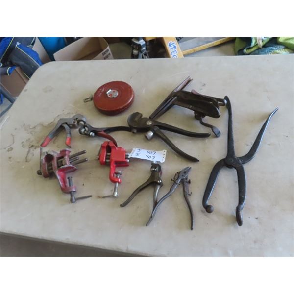 Old Tools, 2 Small Vices, Saw Setters, Vice, Tape Measure plus more