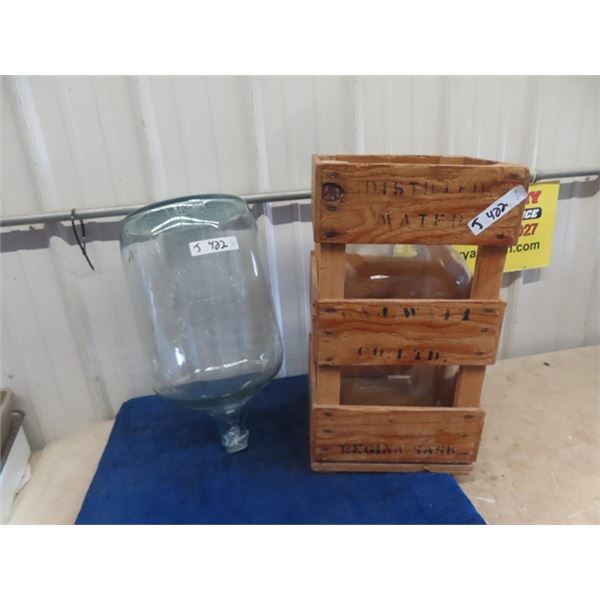 2 Distilled Water Glass Containers - 1 With Wooden Protection Crate - both 5 Gal