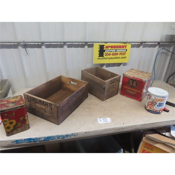 2 Wooden Crates; 1) CiL Ammo, 1) Dingman's , 3 Tins; Lowney Candy, SK Biscuits, Tetley's Tea