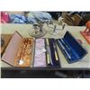 Image 1 : 3 Carving Sets, Silverware, Candle Holder, Cream + Sugar Pairs, Trays