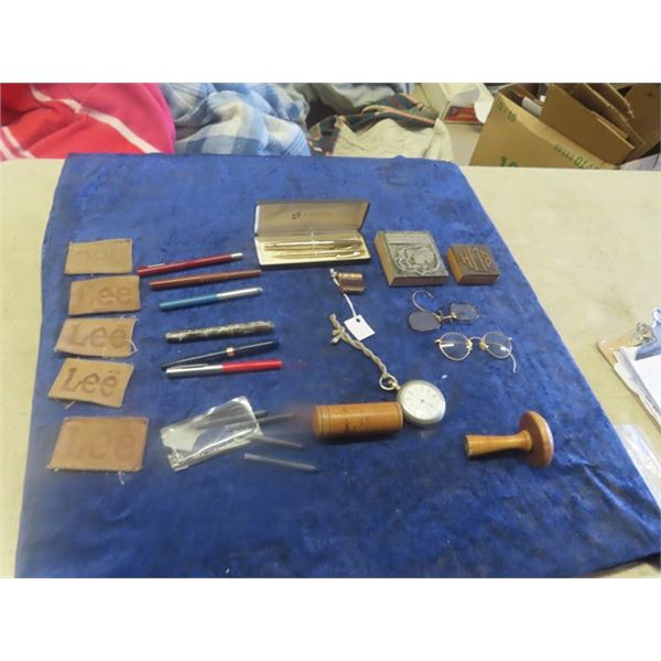 Walt Pocket Watch, Old Eye Spec Glasses, Stamp Press, Pens plus more