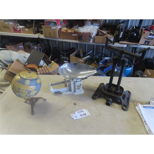 Early Old Metal Cast Basin, Flexible Shaft Co, Scale, Old Globe with Puzzle Top