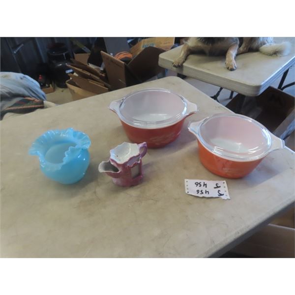 2 Pyrex With Lids, Fenton Bowl, Shaving Mug