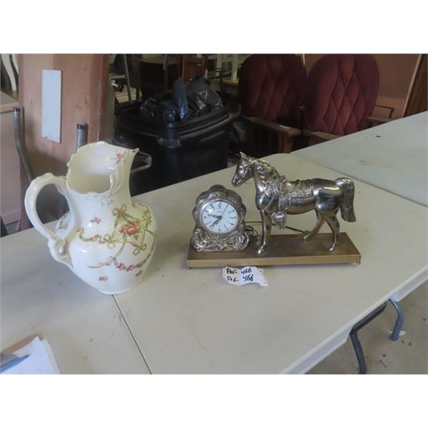 United Horse Mantle Clock & Devonware Pitcher