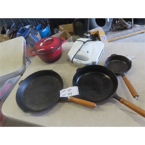 3 Cast Frying Pans, Kitchen Aid Pot & Waffle Maker
