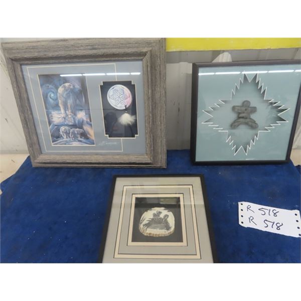 3 Inuit Art ; Duck on Caribou Horn, Stone Art Largest 12" x 13"