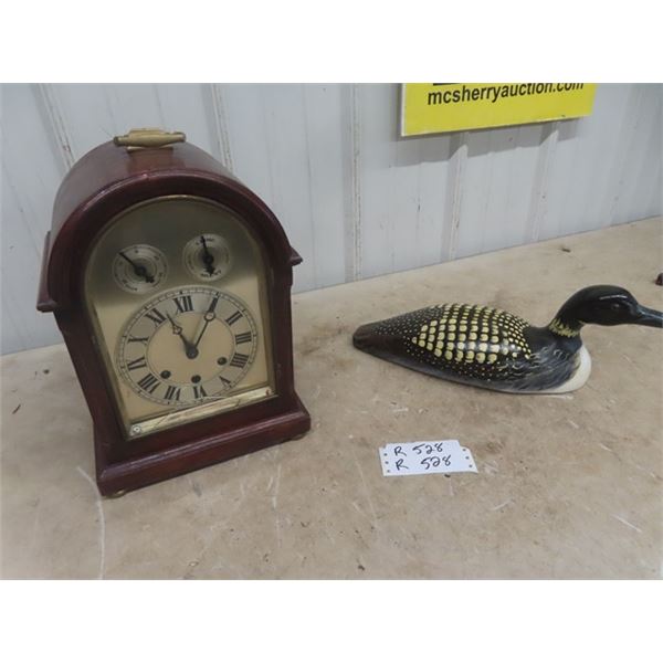 Carved Wooden Loon Wind Up Mantle Clock- crack on glass
