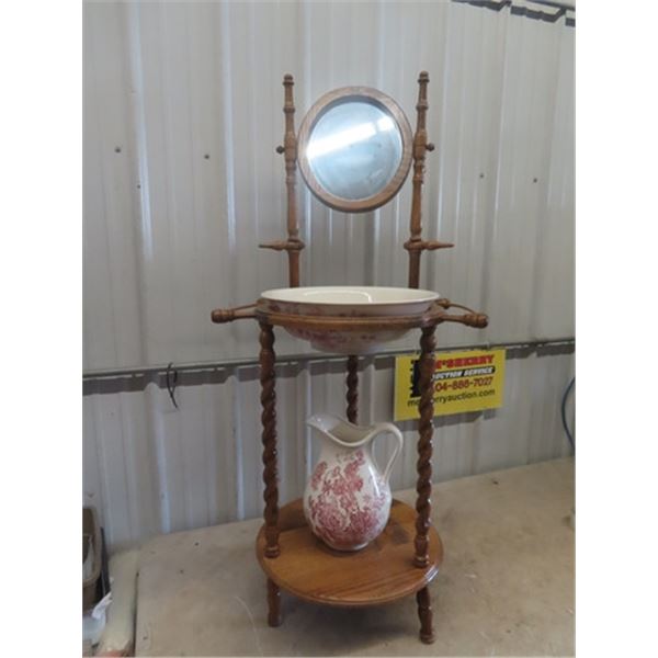 Oak Barley Twist Wash Stand with Pitcher & Bowl
