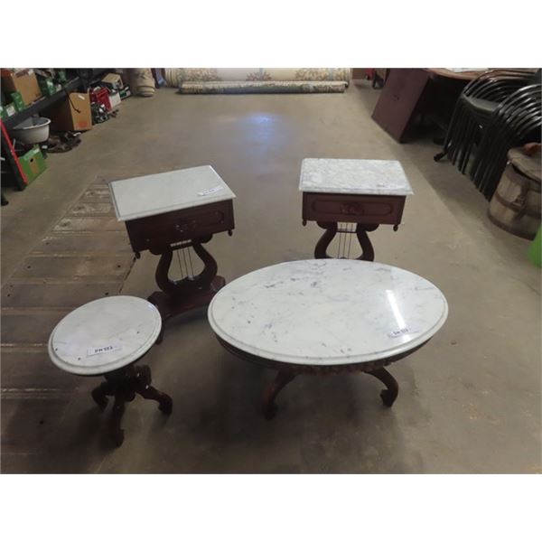 4 Pc Marble Top Rosewood Tables - Small one is not Rosewood