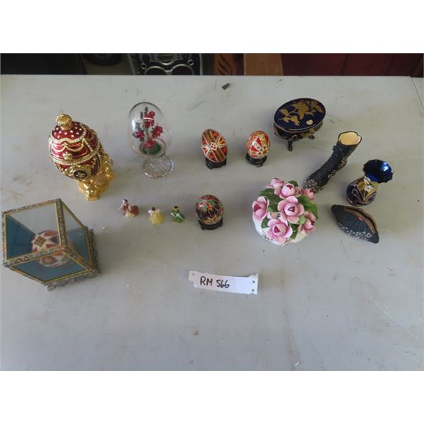 14 Ornaments; Eggs, Boot, Coin Purse, Royal Albert Flowers