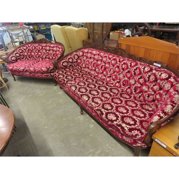 Vintage Button Back Red Couch & Love Seat