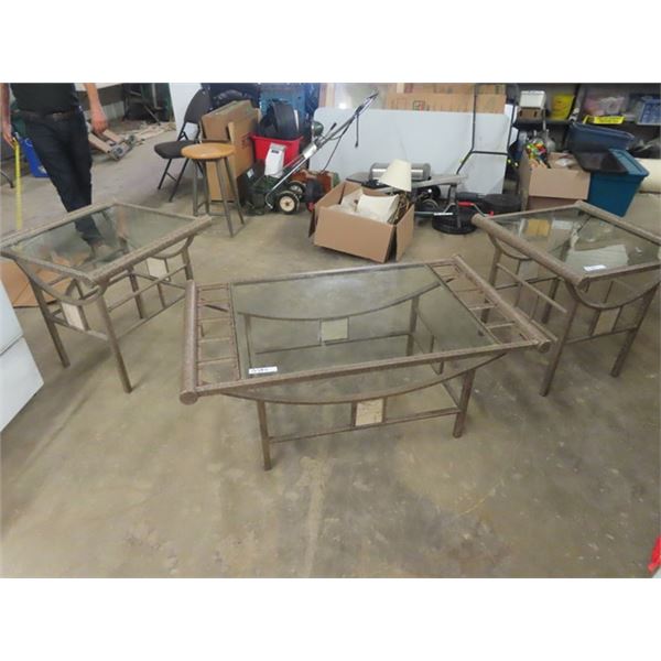 Metal + Glass Coffee Tables 20" x 49" x 29" & 2 End Tables 26" x 26" x 26"