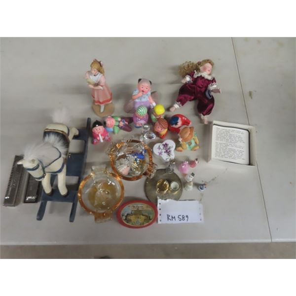 Box Lot of Figurines, Ornaments, Harmonicas
