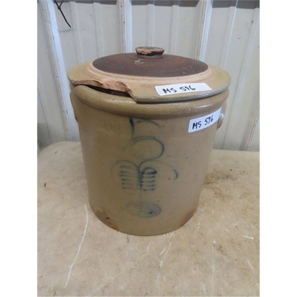 5 Gal Salt Glaze Crock - Damage Lid + Chip on Handle