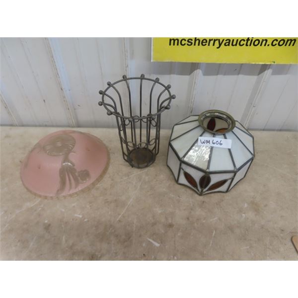 2 Lamp Shades; 1 Stained Glass & Metal Stand
