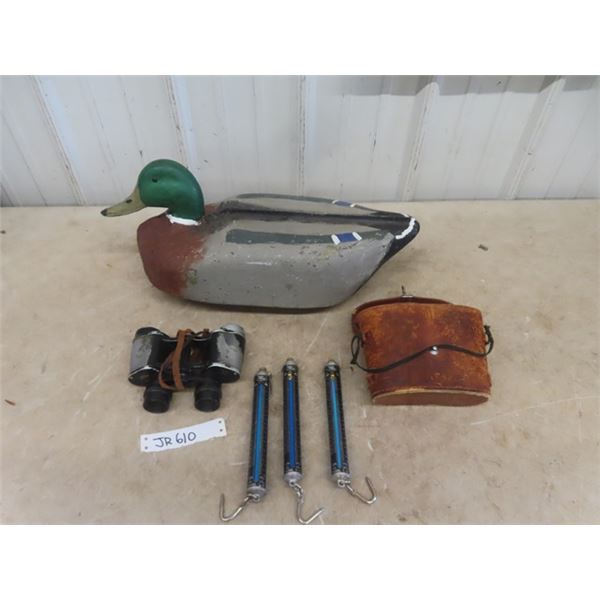 Duck Decoy, 3 Fishing Scales, Older Binoculars