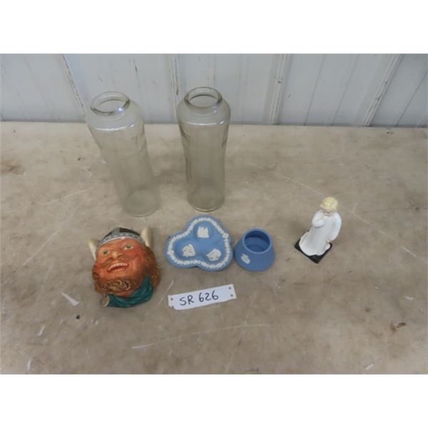 Royal Doulton Figurines - Darling, 2 Wedgewood Items, Chalkware & 2 JArs with Crosses