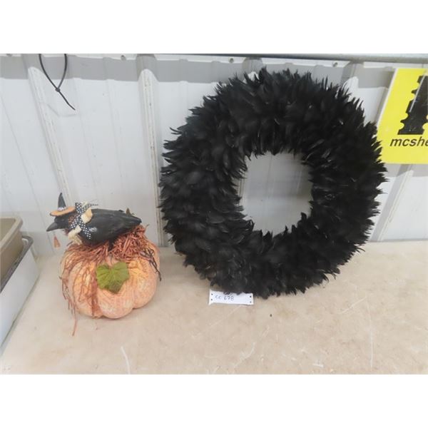 2 Halloween Items; Black Feather Wreath, Crow on Pumpkin