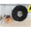Image 1 : 2 Halloween Items; Black Feather Wreath, Crow on Pumpkin