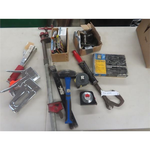 3 Staplers, Staples, Hole Saw Kts, Nail Puller, Tape Measures, Pipe Clamp, Small Sledge Hammer