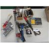 Image 1 : 3 Staplers, Staples, Hole Saw Kts, Nail Puller, Tape Measures, Pipe Clamp, Small Sledge Hammer