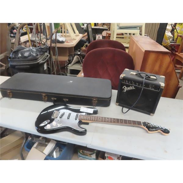 Squier Stratocaster Electric Guitar with Hard Case & Fender Amp