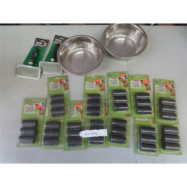 Dog Supplies; Pet Brushes, Poop Bags, Water Bowls