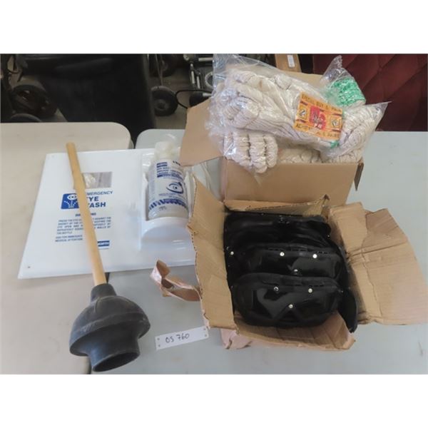 Box of 42 Goggles, Eye Wash Station, Plunger, 60 Gloves
