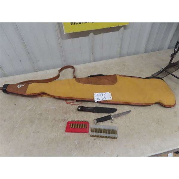 (17) 30-30 Win Ammo , Hunting Knife & Soft Gun Case