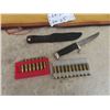 Image 2 : (17) 30-30 Win Ammo , Hunting Knife & Soft Gun Case